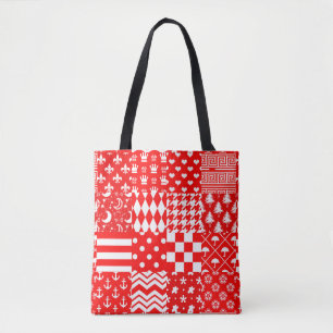Red White Mixed Patterns Patchwork Design Tote Bag