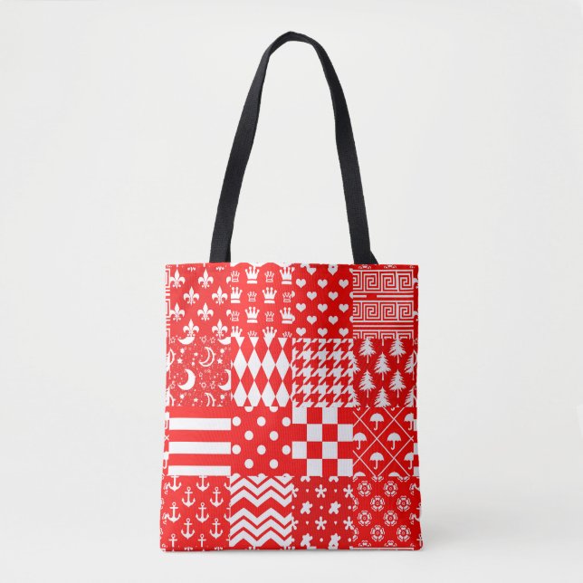 Red White Mixed Patterns Patchwork Design  Tote Bag (Front)