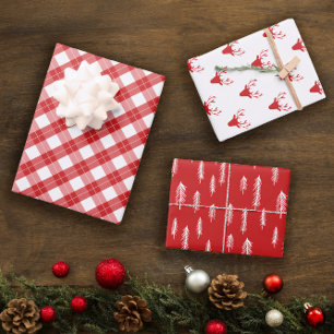 Red White Mixed Rustic Patterns Deer Woods Plaid Wrapping Paper Sheet