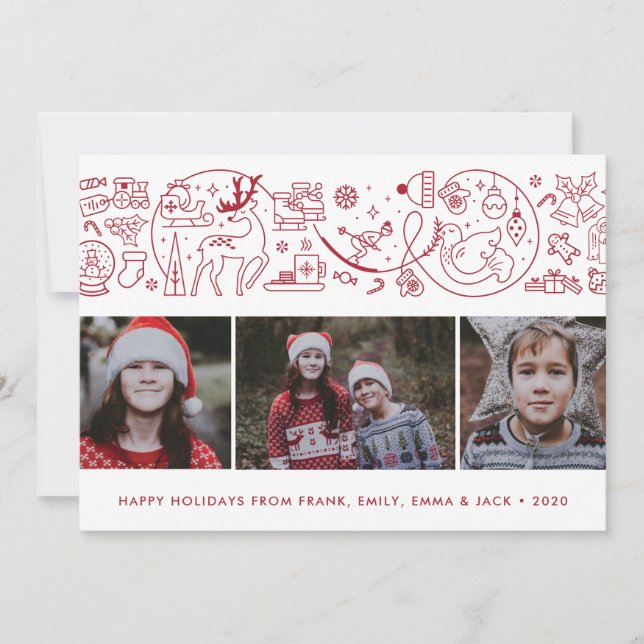 Red White Modern Christmas Winter Icons Photo Holiday Card (Front)