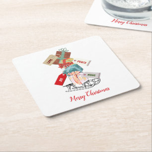 Red White Modern Elegant Family Merry Christmas Square Paper Coaster