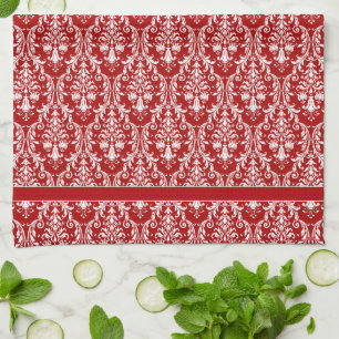 Red White Monogram Chic Damask Floral Swirls Tea Towel