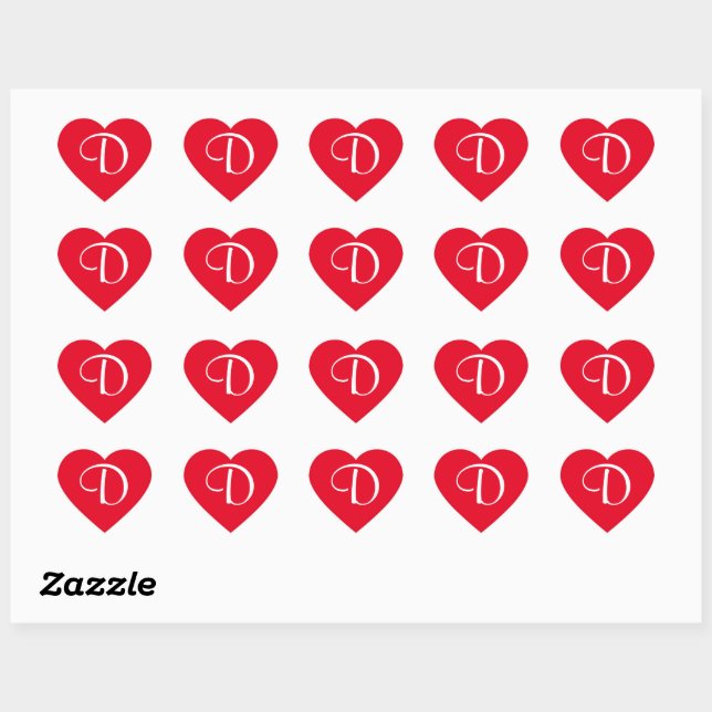 Red & White Monogram Initial D Heart Sticker (Sheet)