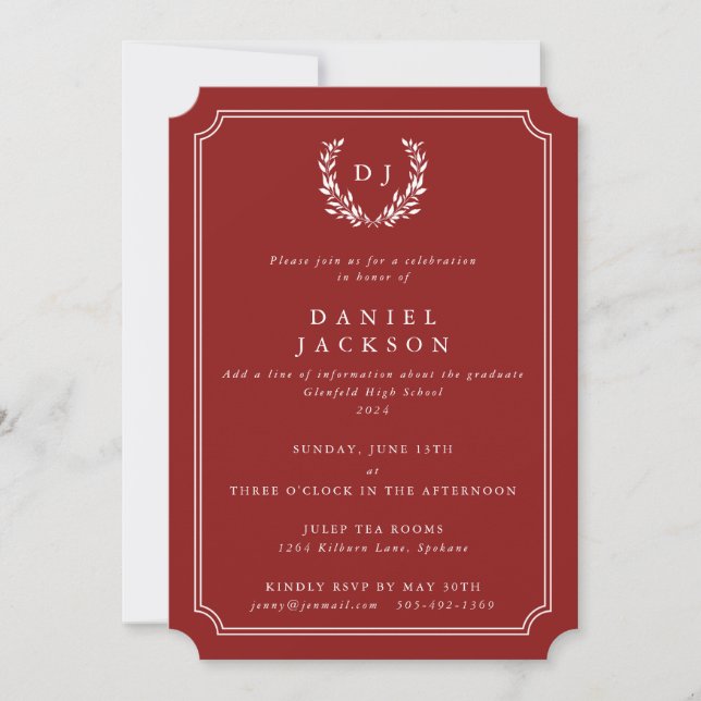 Red/White Monogram Laurel Wreath Graduation Invitation (Front)