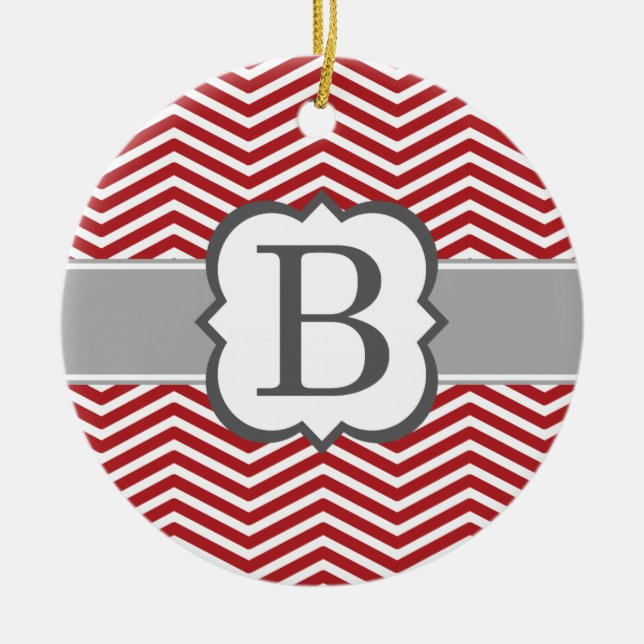 Red White Monogram Letter B Chevron Ceramic Tree Decoration (Front)