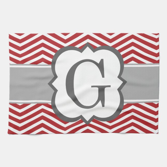 Red White Monogram Letter G Chevron Tea Towel (Horizontal)