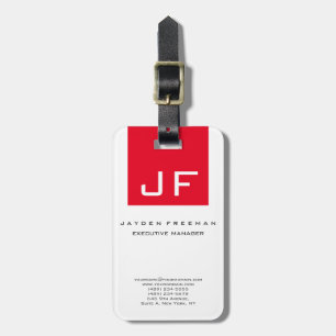Red White Monogram Modern Minimalist Luggage Tag