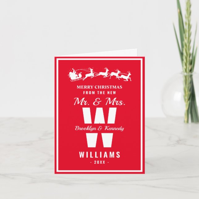 Red White Monogram Newlywed Mr And Mrs Christmas Holiday Card (Front)