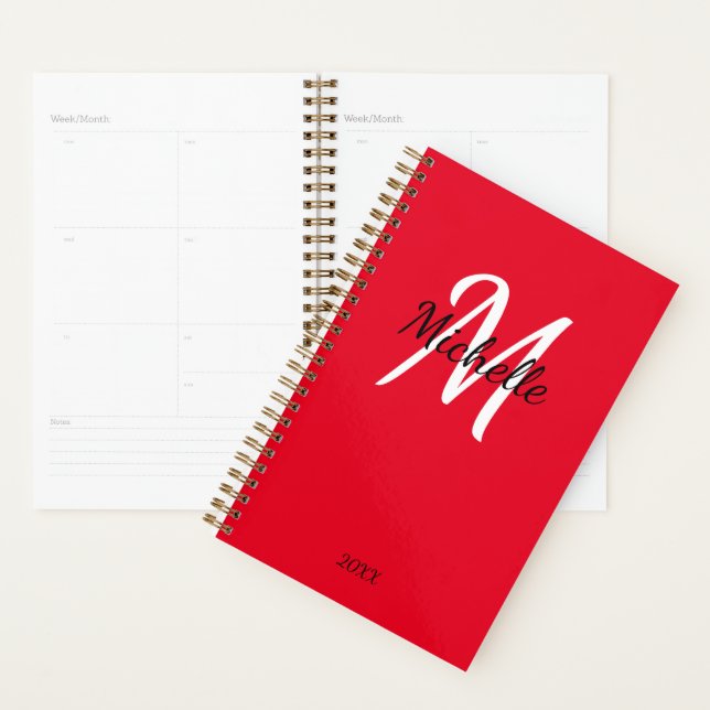 Red & White Monogram Simple Elegant Classic Planne Planner (Display)
