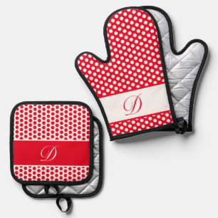Red & White Monogrammed Polka-Dot Oven Mitt & Pot Holder Set