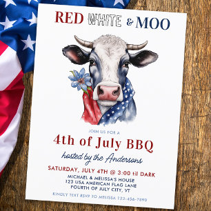 Red White Moo Patriotic Cow Farm 4th Of July Invitation Postcard