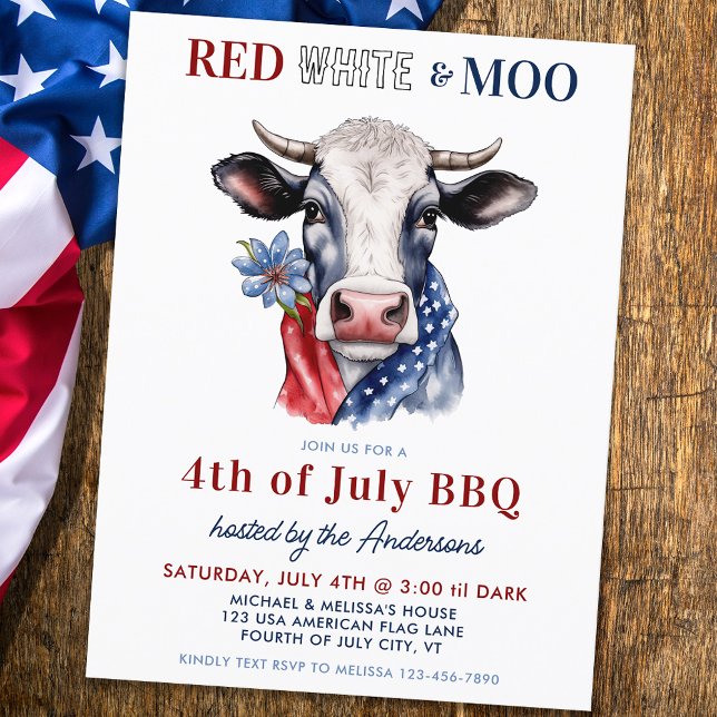 Red White Moo Patriotic Cow Farm 4th Of July Invitation Postcard (Creator Uploaded)