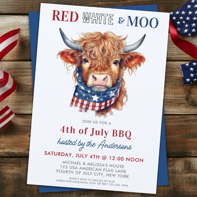 Red White Moo Patriotic Highland Cow 4th Of July Invitation (Creator Uploaded)