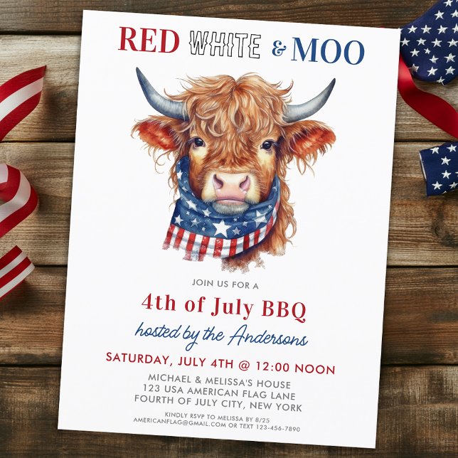 Red White Moo Patriotic Highland Cow 4th Of July Invitation Postcard (Creator Uploaded)