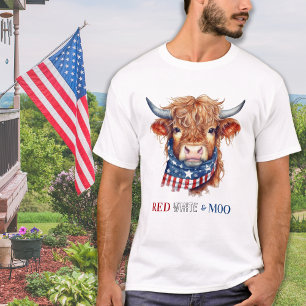 Red White Moo Patriotic Highland Cow 4th Of July T-Shirt
