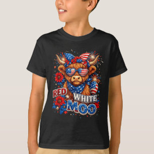 Red White Moo Patriotic Highland Cow 4th Of July T-Shirt