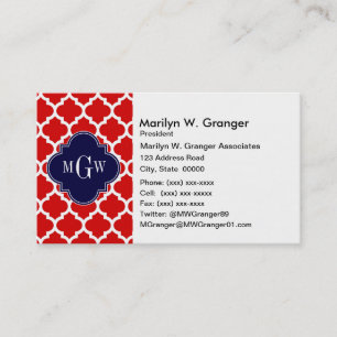 Red, White Moroccan #5 Navy 3 Initial Monogram Business Card
