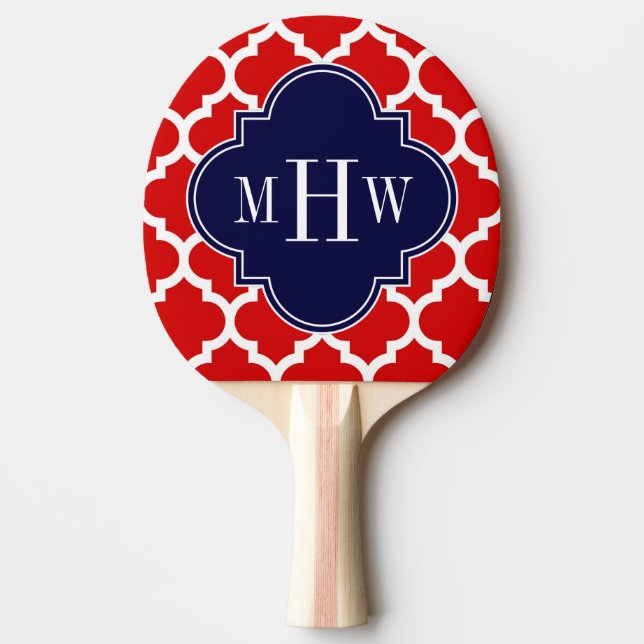 Red, White Moroccan #5 Navy 3 Initial Monogram Ping Pong Paddle (Front)