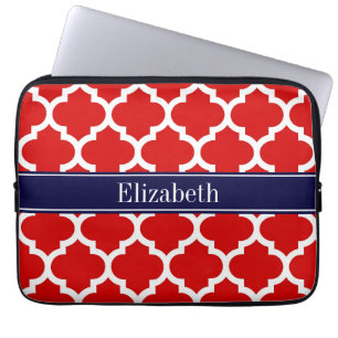 Red White Moroccan #5 Navy Blue Name Monogram Laptop Sleeve