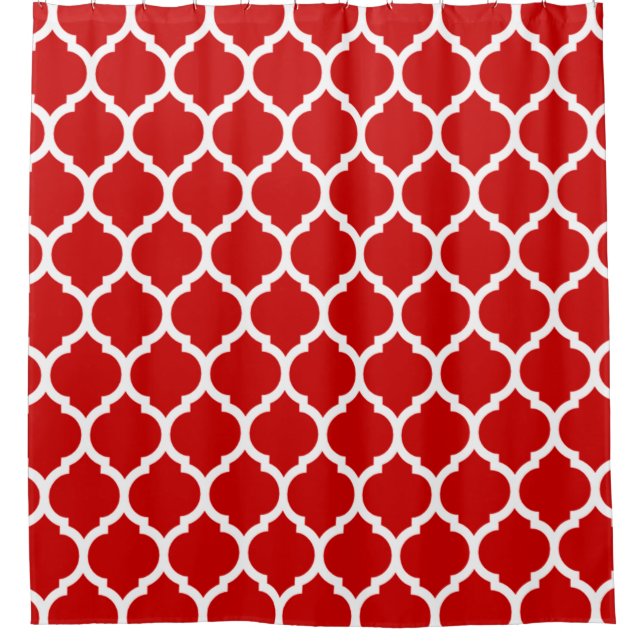 Red White Moroccan Quatrefoil Pattern Shower Curtain (Front)