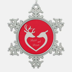 Red & White Mr & Mrs Deer Couple Snowflake Pewter  Christmas Ornament