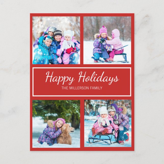 Red White Multi Photo Christmas Holiday Greeting Postcard (Front)
