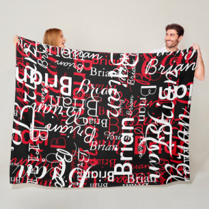 Red & White Name Cool Pattern all over Black  Fleece Blanket