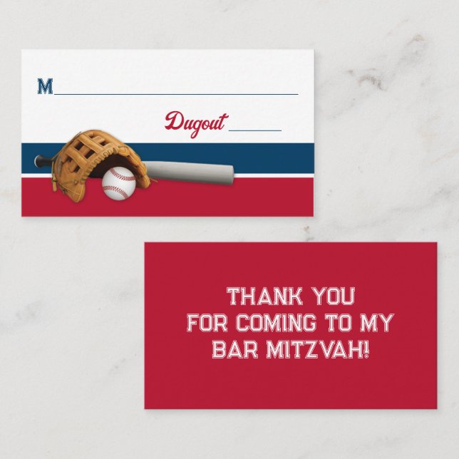 Red, White, Navy Baseball Bar Mitzvah Place Card (Front/Back)