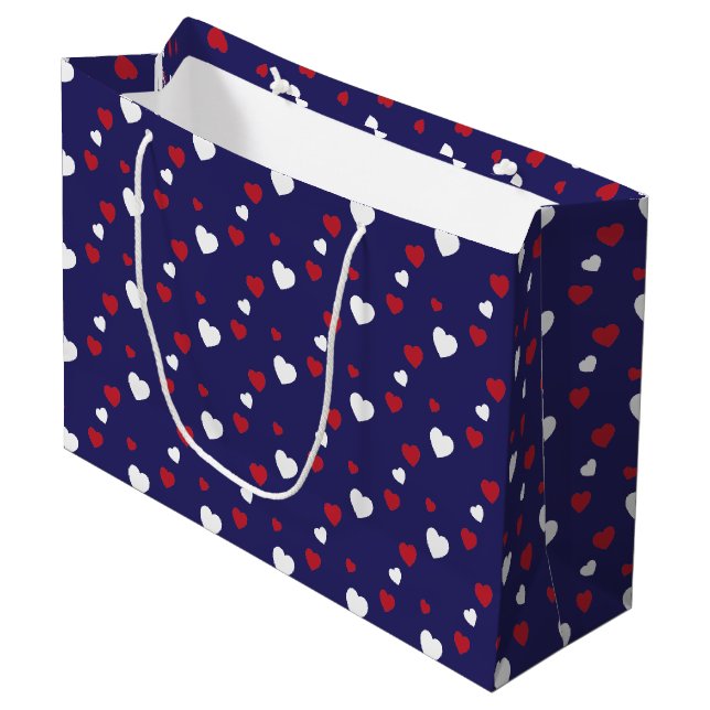 Red, White, Navy Blue Hearts Pattern Large Gift Bag (Front Angled)