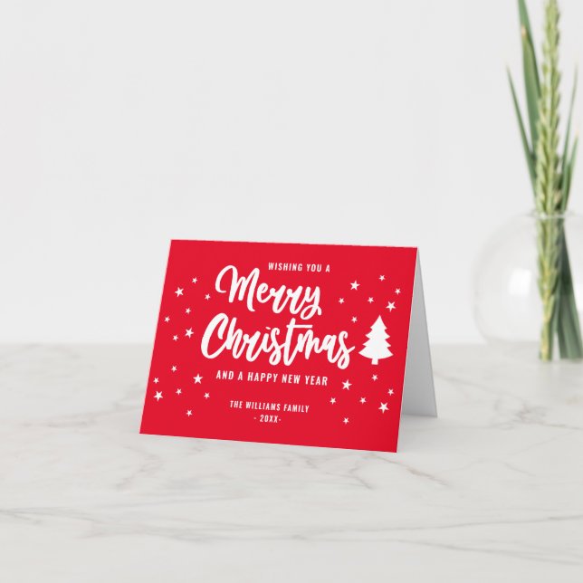 Red White Non Photo Family Name Merry Christmas Holiday Card (Front)