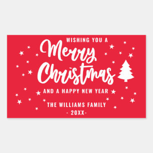 Red White Non Photo Family Name Merry Christmas Rectangular Sticker
