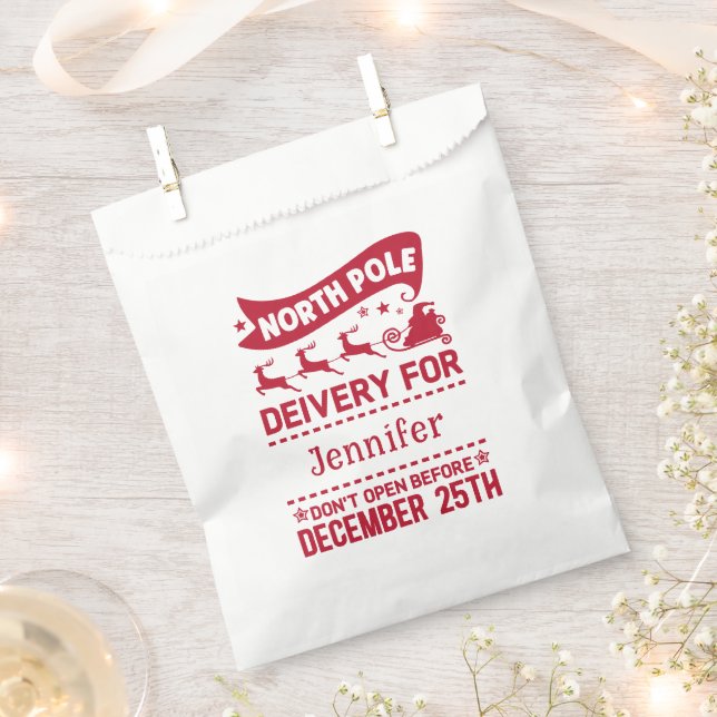 RED & White North Pole SANTA Delivery Name  Favour Bags (Clipped)