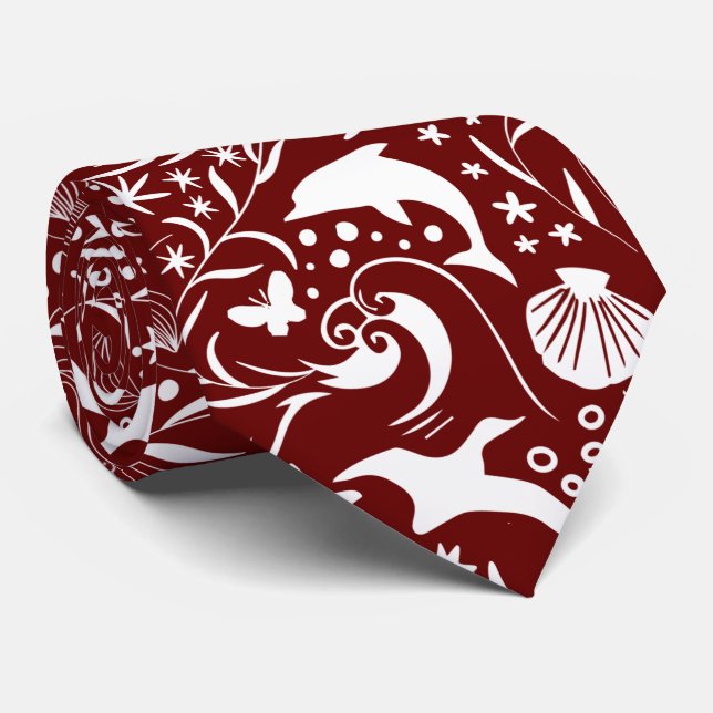 Red White Ocean Pattern | Dolphin Waves Shell Crab Tie (Rolled)