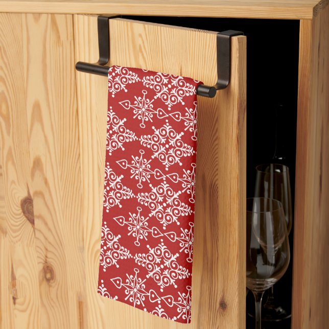 Red White Ornamental Snowflake Pattern Tea Towel (Thirds Fold)