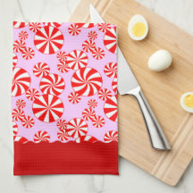 Red White Peppemint Pattern on Pink Kitchen Towel