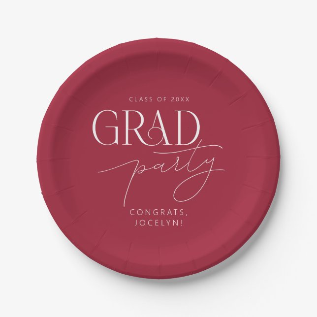 Red White Personalised Minimalist Grad Party Paper Plate (Front)