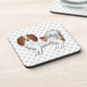 Red White Phalène Dog On Grey Colour Paws Pattern Coaster