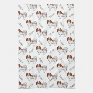 Red White Phalène Dog Pattern With Dog's Name Tea Towel
