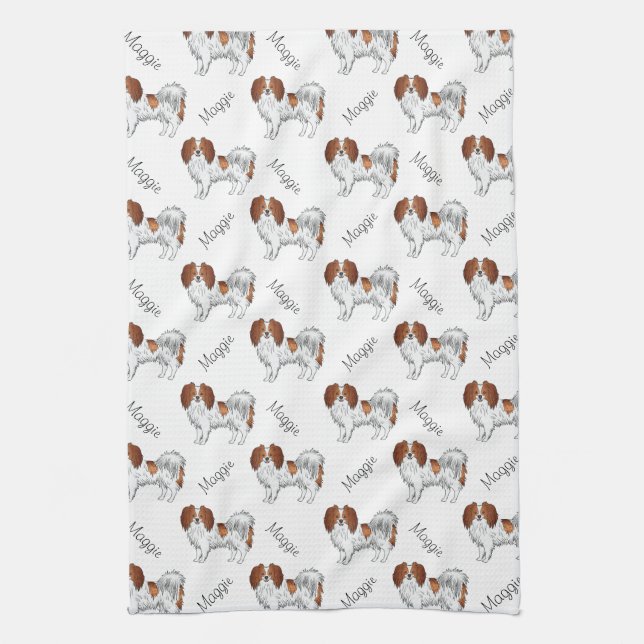 Red White Phalène Dog Pattern With Dog's Name Tea Towel (Vertical)