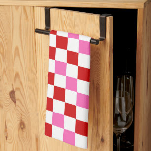 Red White Pink Chequered Pattern Design Tea Towel