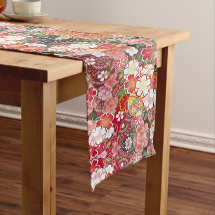 Red White Pink Japanese Floral Cotton Dining  Short Table Runner