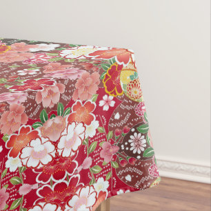 Red White Pink Japanese Floral Cotton Dining  Tablecloth