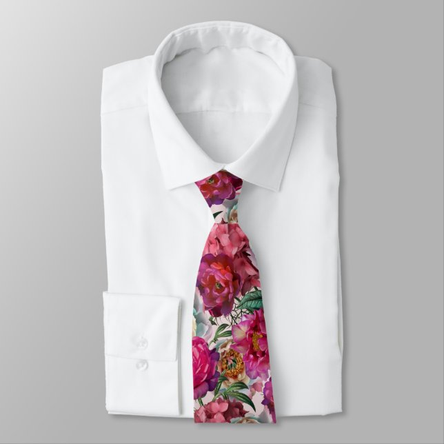 Red White Pink Peonies & Hydrangea Flowers Tie (Tied)