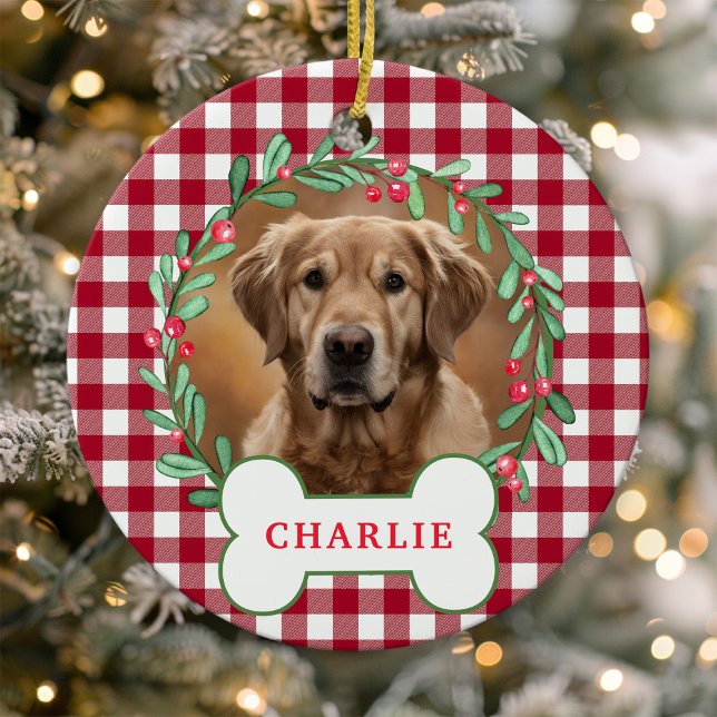 Red & White Plaid Dog Photo Christmas Wreath Ceramic Tree Decoration (Creator Uploaded)