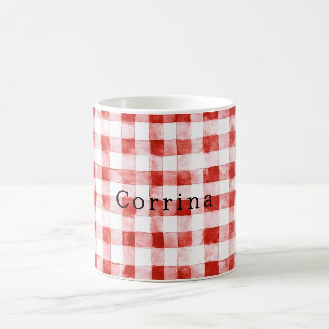 Red White Plaid Stripes Birthday Coffee Mug (Center)