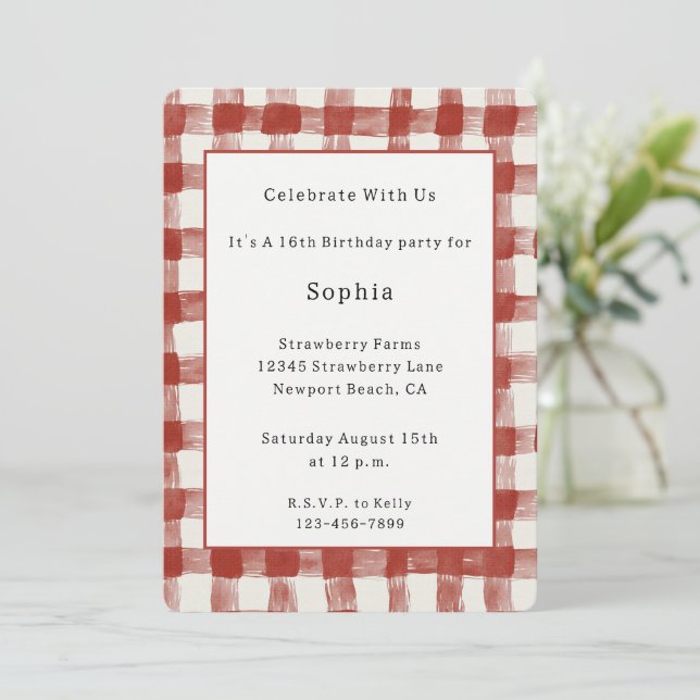 Red White Plaid Stripes Birthday Invitation (Standing Front)