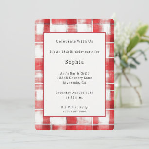 Red White Plaid Stripes Birthday Invitation