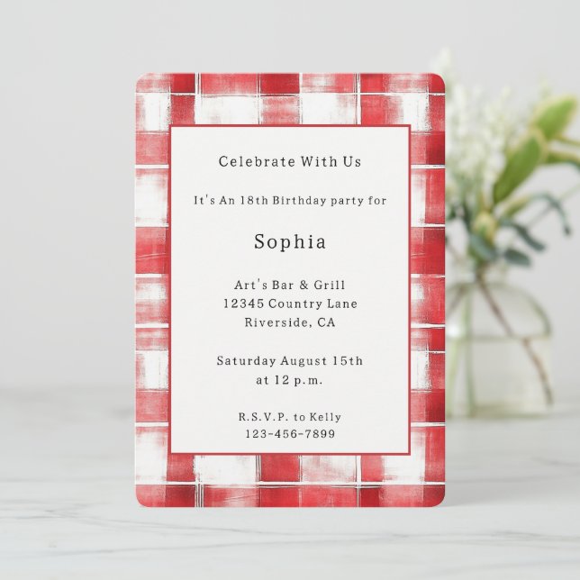 Red White Plaid Stripes Birthday   Invitation (Standing Front)