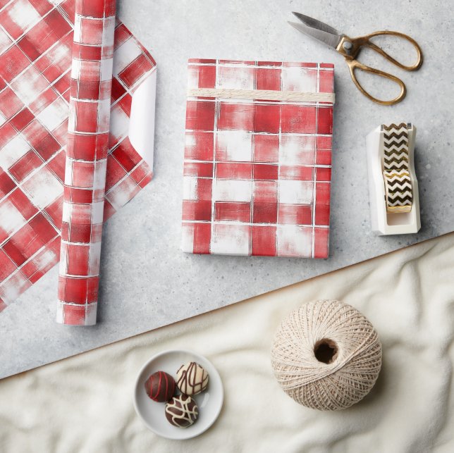 Red White Plaid Stripes Birthday Wrapping Paper (Crafts)