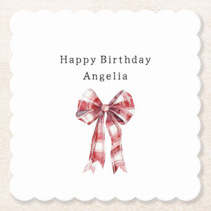 Red White Plaid Stripes Bow Birthday Paper Coaster
